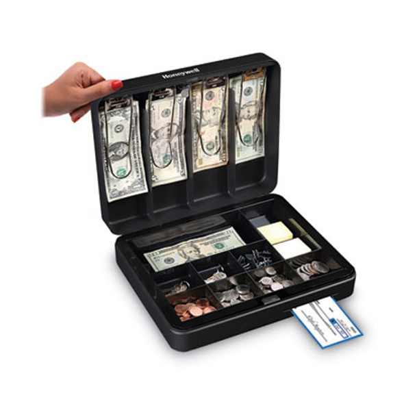 Deluxe Cash Security Box, 13 Compartments, Key Lock, 11.8" x 9.4" x 3.7", Black