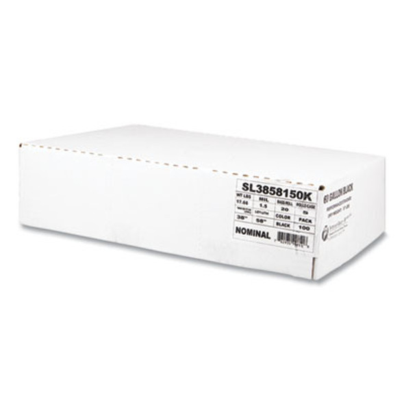 Low-Density Commercial Can Liners, 60 Gal, 1.5 Mil, 38" x 58", Black, Interleaved Roll, 20 Bags/Roll, 5 Rolls/Carton
