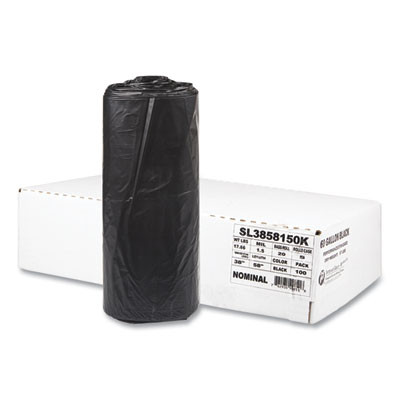 Low-Density Commercial Can Liners, 60 Gal, 1.5 Mil, 38" x 58", Black, Interleaved Roll, 20 Bags/Roll, 5 Rolls/Carton