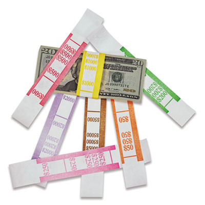 Color-Coded Kraft Currency Straps, Self-Adhesive, Ones, $50 Strap, Orange/White, 1,000/Pack