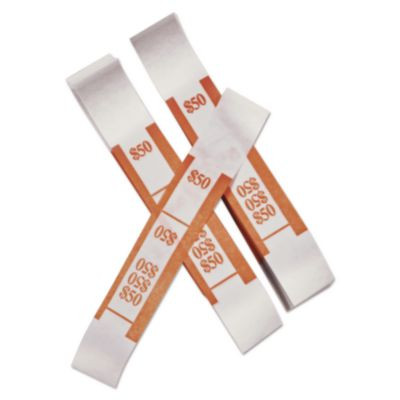 Color-Coded Kraft Currency Straps, Self-Adhesive, Ones, $50 Strap, Orange/White, 1,000/Pack