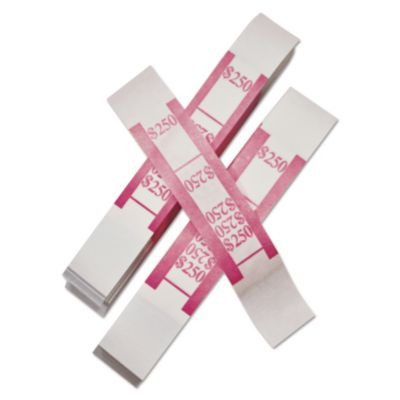 Color-Coded Kraft Currency Straps, Self-Adhesive, Ones, $250 Strap, Pink/White, 1,000/Pack