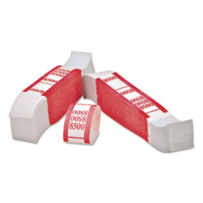 Color-Coded Kraft Currency Straps, Self-Adhesive, Fives, $500 Strap, Red/White, 1,000/Pack