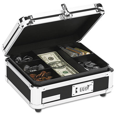 Locking Cash Box, 7 Compartments, Key Lock, 10" x 8.75" x 5", Black/Chrome
