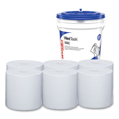Critical Clean Wipers For Bleach, Disinfectants, Sanitizers Wettask Customizable Wet Wiping System, w/Bucket,140/Roll, 6/Ct