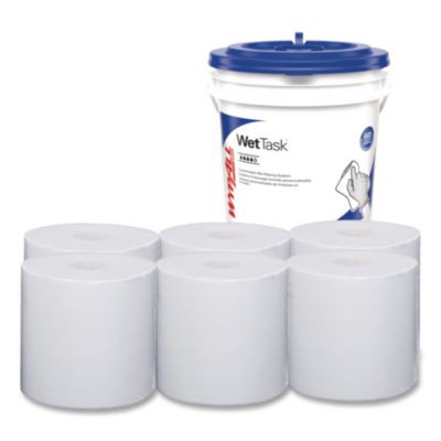 Critical Clean Wipers For Bleach, Disinfectants, Sanitizers Wettask Customizable Wet Wiping System, w/Bucket,140/Roll, 6/Ct