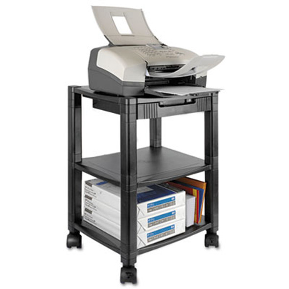 Height-Adjustable Deskside Printer Cart, Plastic, 3 Shelves, 1 Drawer, 75 Lb Capacity, 17" x 13.25" x 24.5", Black