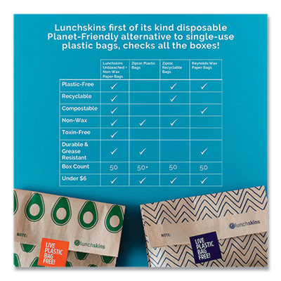 Xl Sandwich Bag With Resealable Stickers, 7.1" x 2" x 9.1", Black Stripes/Natural Kraft, 50/Box