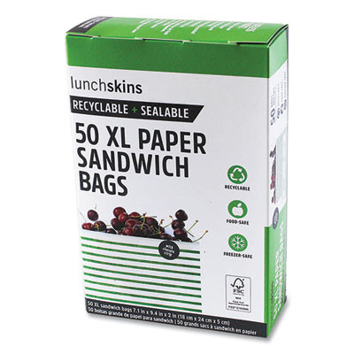 Paper Sandwich Bag, Xl Sandwich, 7.1" x 2" x 9.4", Green Stripes/White, 50/Box