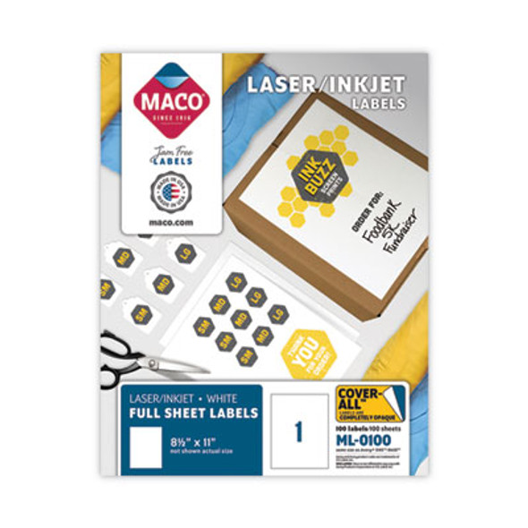 Cover-All Opaque Laser/Inkjet Shipping Labels, Full-Sheet Format, Inkjet/Laser Printers, 8.5 X 11, White, 100/Box