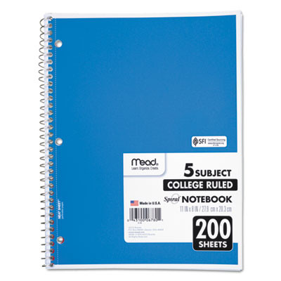 Spiral Notebook, 5-Subject, Medium/College Rule, Randomly Assorted Cover Color, (200) 11 x 8 Sheets