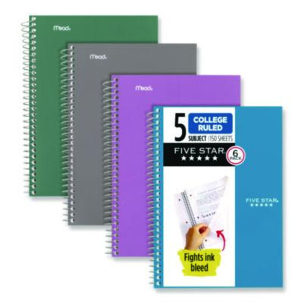 Wirebound Notebook, 5-Subject, Medium/College Rule, Assorted Cover Colors, (150) 9.5 x 6.63 Sheets, 6/Pack