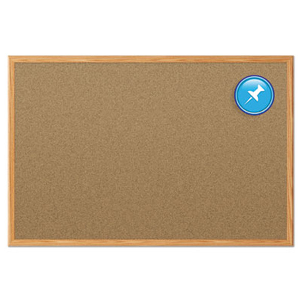 Economy Cork Board With Oak Frame, 48" x 36", Tan Surface, Oak Finished Fiberboard (Mdf) Frame