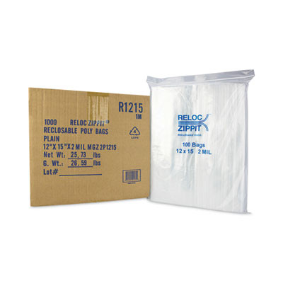 Zippit Resealable Bags, 2 Mil, 12 x 15, Clear, 100 Bags/Pack, 10 Packs/Carton