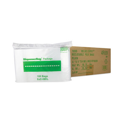 Zippit Resealable Bags, 4 Mil, 6 x 9, Clear, 100 Bags/Pack, 10 Packs/Carton