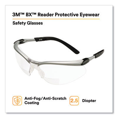 Bx Molded-In Diopter Safety Glasses, 2.5+ Diopter, Silver/Black Half Frame, Clear Dual Lens