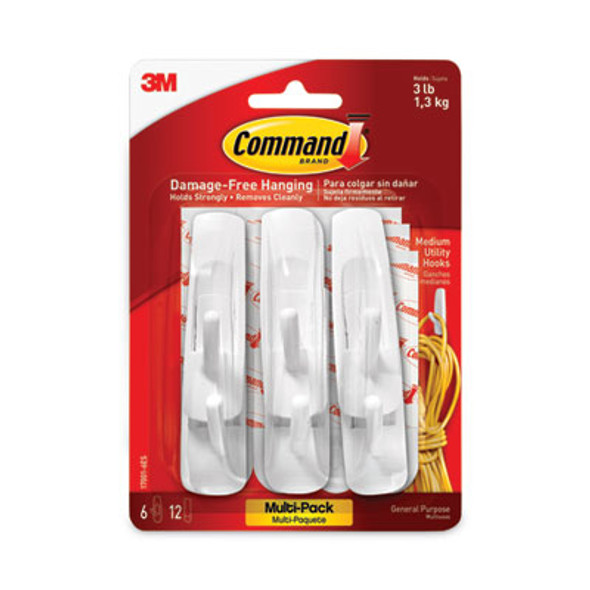 General Purpose Hooks Multi-Pack, Medium, Plastic, White, 3 Lb Capacity, 6 Hooks And 12 Strips/Pack