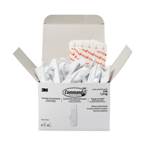 General Purpose Hooks, Medium, Plastic, White, 3 Lb Capacity, 37 Hooks And 48 Strips/Pack