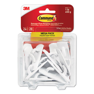 Small Utility Hooks, Plastic, White, Supports 1 Lb, 24/Pack