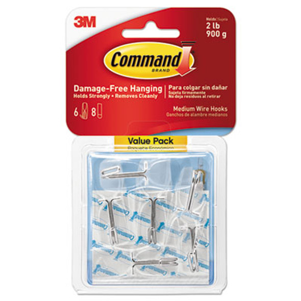 Clear Hooks And Strips, Medium, Plastic, 2 Lb Capacity, 6 Hooks And 8 Strips/Pack