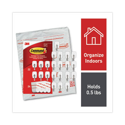 Small Wire Hooks, Small, Plastic/Metal, White, 0.5 Lb Capacity, 22 Hooks And 24 Strips/Pack