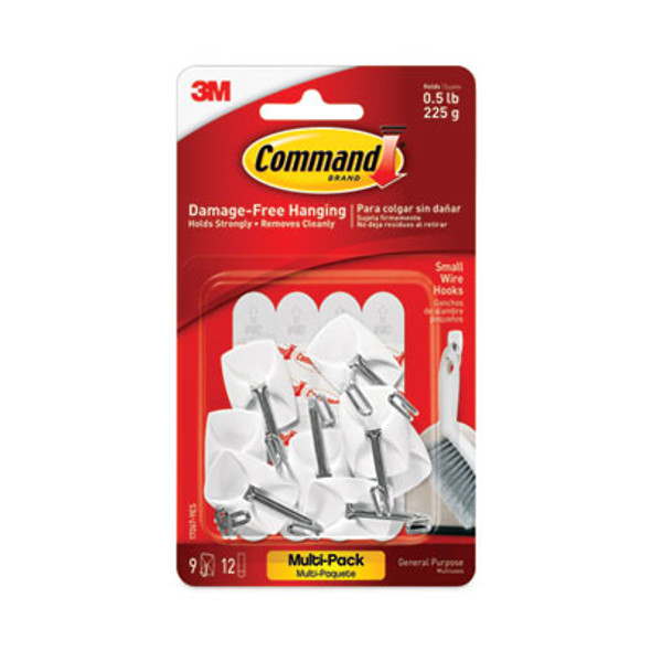 General Purpose Wire Hooks Multi-Pack, Small, Metal, White, 0.5 Lb Capacity, 9 Hooks And 12 Strips/Pack