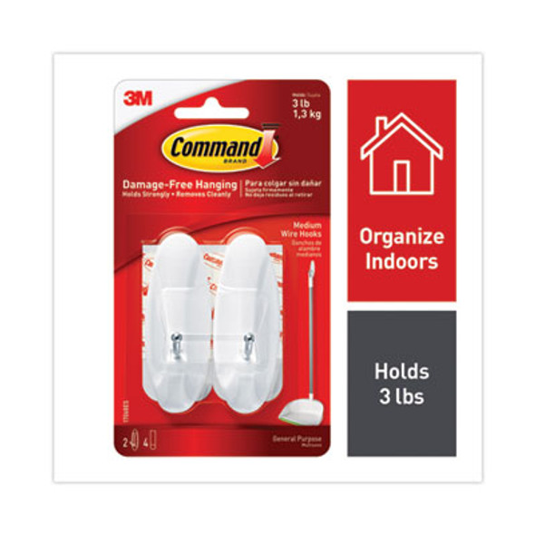 General Purpose Wire Hooks, Medium, Metal, White, 3 Lb Capacity, 2 Hooks And 4 Strips/Pack