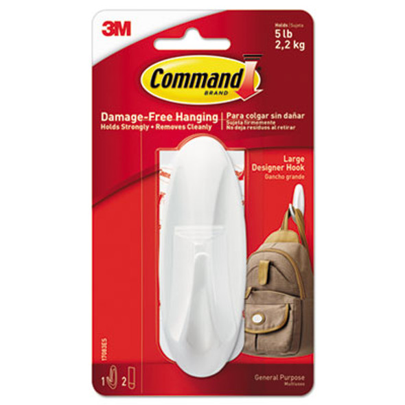 General Purpose Hooks, Large, Plastic, White, 5 Lb Capacity, 1 Hook And 2 Strips/Pack