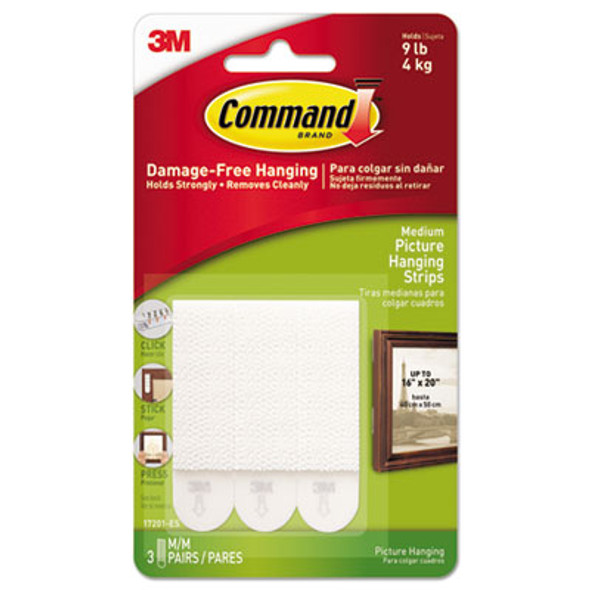 Picture Hanging Strips, Removable, Holds Up To 3 Lbs Per Pair, 0.75 X 2.75, White, 3 Pairs/Pack