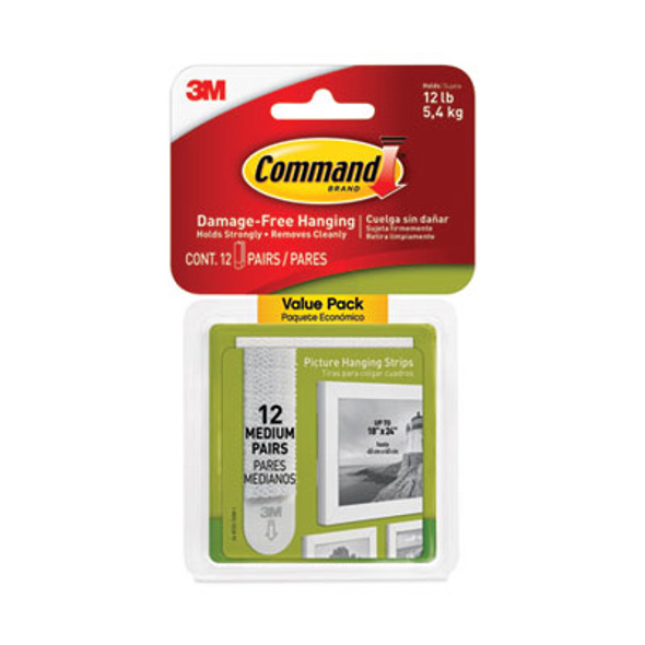 Picture Hanging Strips, Value Pack, Medium, Removable, Holds Up To 12 Lbs, 0.75 X 2.75, White, 12 Pairs/Pack