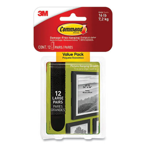 Bath Picture Hanging Strips, Large, Removable, Holds Up To 4 Lbs Per Pair, 0.75 X 3.65, Black, 12 Pairs/Pack