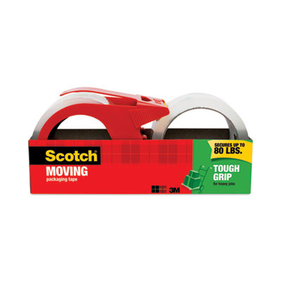 Tough Grip Moving Packaging Tape With Dispenser, 3" Core, 1.88" X 38.2 Yds, Clear, 2/Pack