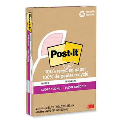 100% Recycled Paper Super Sticky Notes, Ruled, 4" x 6", Wanderlust Pastels, 45 Sheets/Pad, 4 Pads/Pack