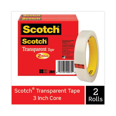 Transparent Tape, 3" Core, 0.75" X 72 Yds, Transparent, 2/Pack