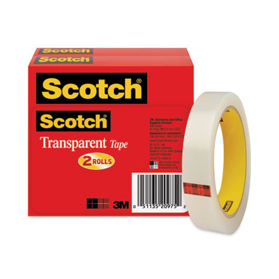 Transparent Tape, 3" Core, 0.75" X 72 Yds, Transparent, 2/Pack