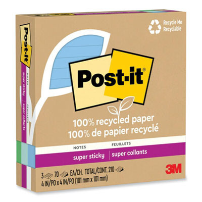 100% Recycled Paper Super Sticky Notes, Ruled, 4" x 4", Oasis, 70 Sheets/Pad, 3 Pads/Pack