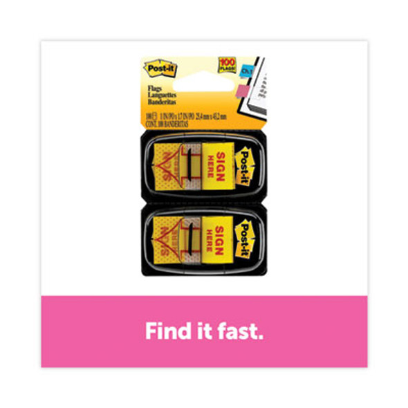 Arrow Message 1" Page Flags, "Sign Here", Yellow, 50 Flags/Dispenser, 2 Dispensers/Pack