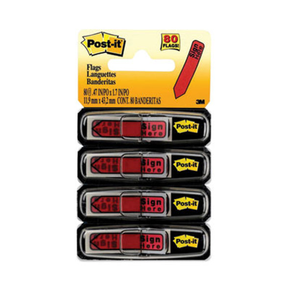 Arrow Message 0.5" Page Flags In Dispenser, "Sign Here", Red, 20 Flags Dispenser, 4 Dispensers/Pack