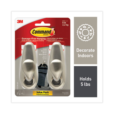 Adhesive Mount Metal Hook, Large, Brushed Nickel Finish, 5 Lb Capacity, 2 Hooks And 4 Strips/Pack