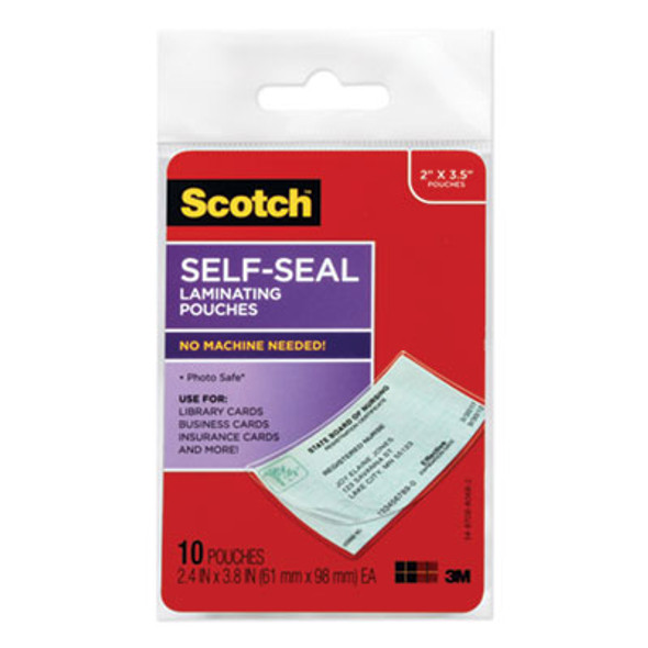 Self-Sealing Laminating Pouches, 9 Mil, 3.8" X 2.4", Gloss Clear, 10/Pack