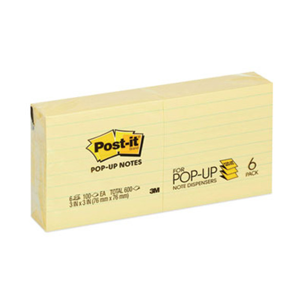 Original Canary Yellow Pop-Up Refill, Note Ruled, 3" x 3", Canary Yellow, 100 Sheets/Pad, 6 Pads/Pack