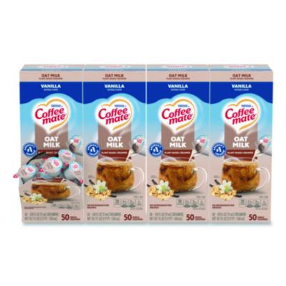 Plant-Based Oat Milk Liquid Creamers, Natural Vanilla, 0.38 Oz Mini Cups, 50/Box, 4 Boxes/Carton