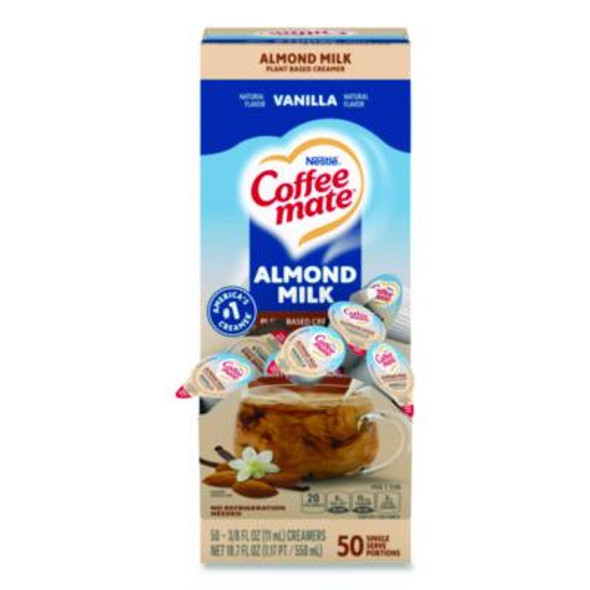 Plant-Based Almond Milk Non-Dairy Liquid Creamer Singles, Natural Vanilla, 0.38 Oz Mini Cups, 50/Box