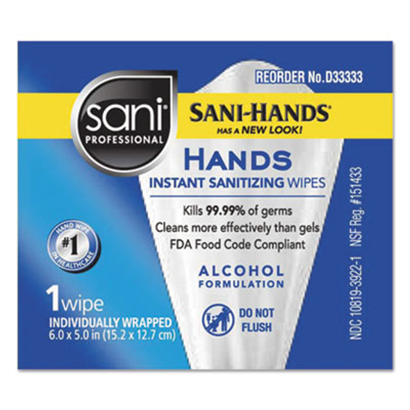 Hands Instant Sanitizing Wipes, Individually Wrapped Wipes, 1-Ply, 5 x 7.75, Unscented, White, 3,000 Packets/Carton