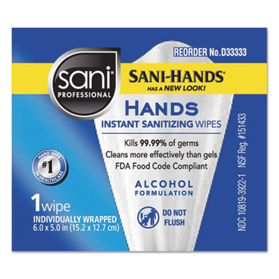 Hands Instant Sanitizing Wipes, Individually Wrapped Wipes, 1-Ply, 5 x 7.75, Unscented, White, 3,000 Packets/Carton