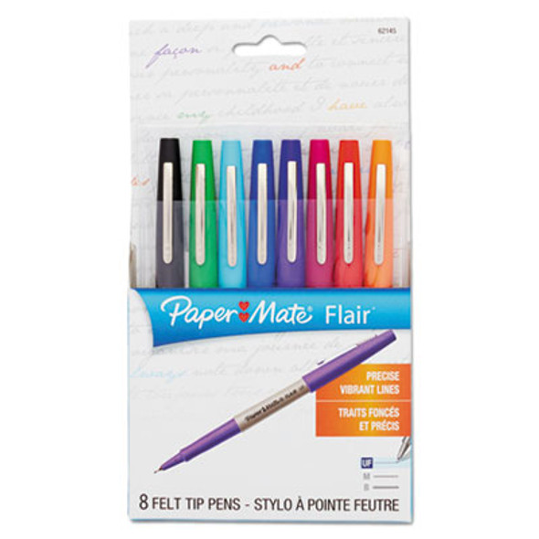 Flair Felt Tip Porous Point Pen, Stick, Ultra-Fine 0.4 Mm, Assorted Ink And Barrel Colors, 8/Pack