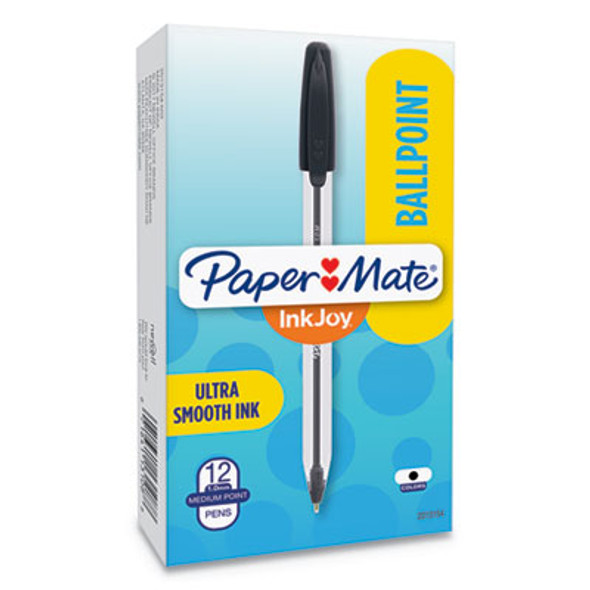 Inkjoy 50St Ballpoint Pen, Stick, Medium 1 Mm, Black Ink, Clear Barrel, Dozen