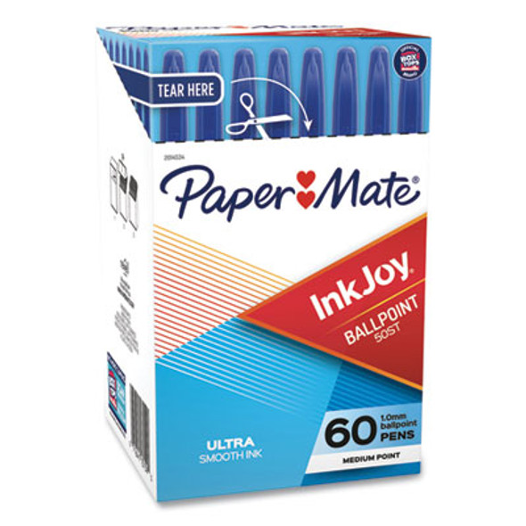 Inkjoy 50St Ballpoint Pen, Stick, Medium 1 Mm, Blue Ink, Clear Barrel, 60/Pack