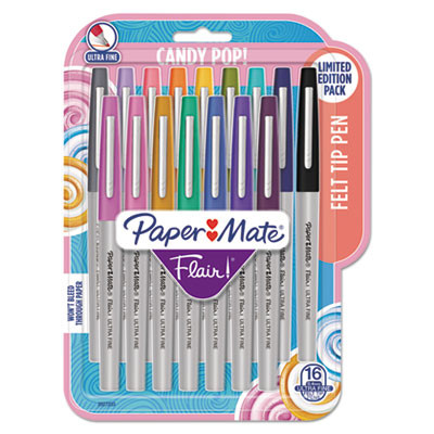 Flair Felt Tip Porous Point Pen, Stick, Extra-Fine 0.4 Mm, Assorted Ink Colors, Gray Barrel, 16/Pack