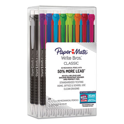 Write Bros Mechanical Pencil, 0.7 Mm, Hb (#2), Black Lead, Black Barrel With Assorted Clip Colors, 24/Box